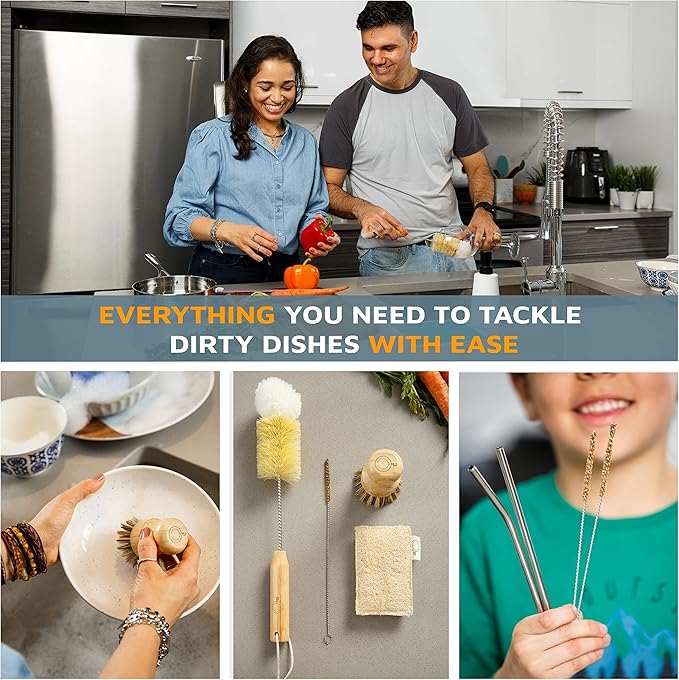 Bamboo Dish Brush Set – Eco Kitchen Cleaning Kit | Bottle Brush, Straw Brush, Scrubber & Sponge | Plastic-Free, Space-Saving, Sustainable