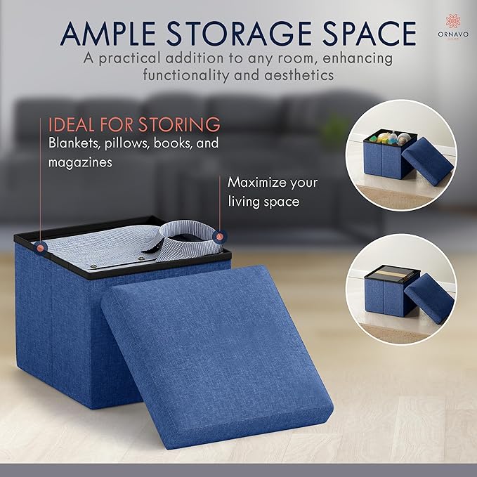Ornavo Home Small Storage Ottoman Foldable Collapsible Cube Square Linen Ottoman Foot Rest Stool Seat, for Living Room, Bedroom, Home Office, Dorm - 12 x 12 x 12, Navy Blue