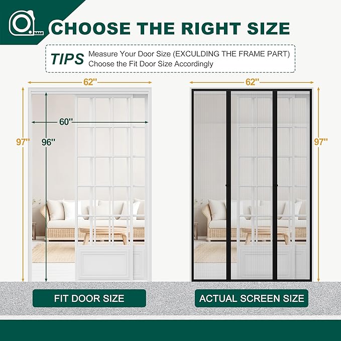 Magnetic Screen Door, Fits Door Size 60" X 96", Door Mesh with Magnetic Closure and Super Strong Magnets, Heavy Duty Double Opening for Sliding Patio and French Doors