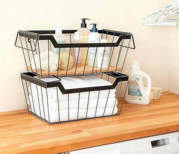Metal Wire Basket with Handles Storage Organizer Stackable Organizing bins for Cabinet Shelf Countertop Under Sink Pantry for Kitchen,Bathroom,Laundry Closet,Set of 2pcs