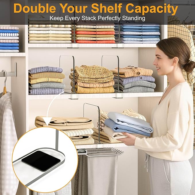 OKPOW Shelf Dividers for Closet Organization: 8" Tall X 12" Deep Acrylic Clear Sturdy Separators for Clothes Purse - Adjustable Easy Install Storage for Wood Cabinet Home Organizer Housewife 6 Pack
