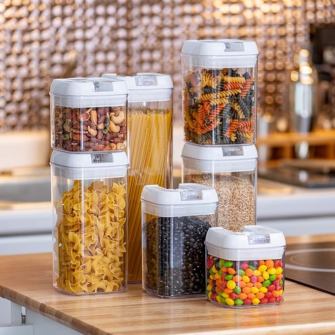Set of 7 Airtight Food Storage Containers - Pantry Organizer Bins, BPA Free Plastic Containers plus Dry Erase Marker and Labels, White