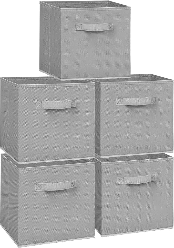 Easi 11 inch Cube Storage Bins, 5 Storage Cube Organizer, Collapsible Fabric storage cubes with Handles, Closet Storage Basket For Organization, Shelf Basket For Shelves Clothes Books, Gray