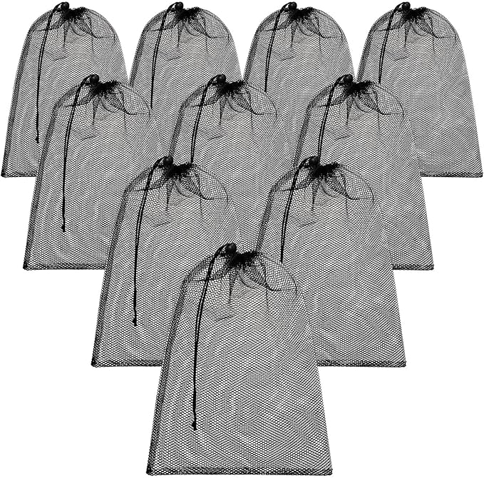 TecUnite 10 Pcs Mesh Bags Drawstring Laundry Bags Large Nylon Mesh Gift Dishwasher Bag with Sliding Drawstring for Kitchen Jewelry Gifts Wedding Favor Home(12 x 16 Inch,Black)