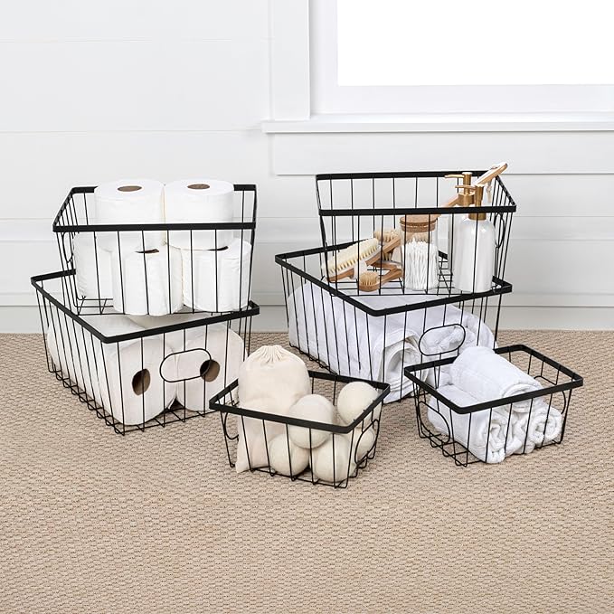 happimess BSK3001A-6SET Camden Vintage Industrial Wire Metal Nesting Storage Baskets for Shelves, Cabinets, Pantry, Countertop, Mesh Open Bin Basket for Organizing Supplies, Black (Set of 6)