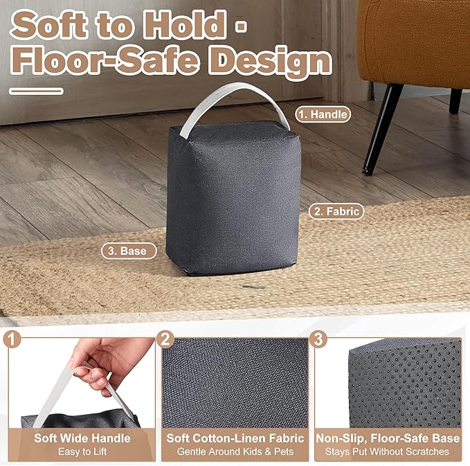 Decorative Weighted Door Stopper 5.5 lb – Heavy Non-Slip Door Weight with Handle, Soft Fabric Door Stop for Kids, Pets, Includes 2 Door Draft Stoppers for Indoor Home & Office, Charcoal Grey