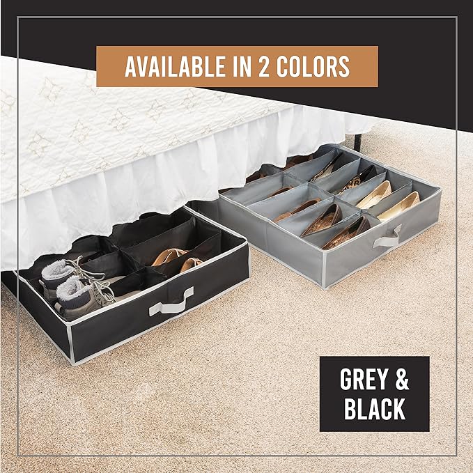 HOLDN' STORAGE Extra-Large Under Bed Shoe Storage Organizer - Underbed Storage Solution Fits Men's and Women's Shoes, High Heels, and Sneakers with Durable Vinyl Cover & Extra-Strong Zipper - Black