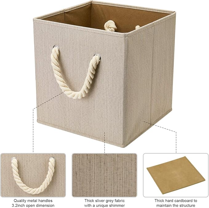 i BKGOO Foldable Storage Cube Bins Dark Grey Bamboo Fabric Collapsible Resistant Basket Box Organizer with Cotton Rope Handle for Home Office and Nursery 10.5x10.5x11 inch