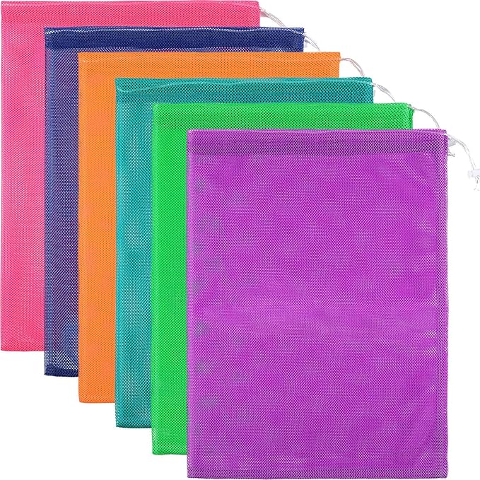 Frienda 6 Pieces Mesh Stuff Sack, 11 x 15 Inch Durable Nylon Drawstring Laundry Bag for Rinsing Beach Toys, Seashell Collecting, Mesh Bags and Travel(Multicolor)