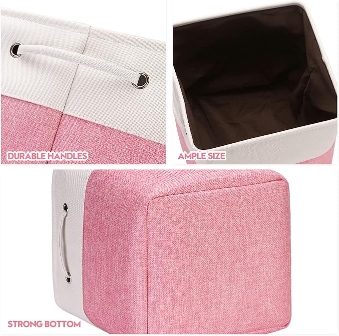 Sea Team 3-Pack Cubic Storage Basket Set, Storage Cube Organizer, Clothes Toys Bin, 11 x 11 x 11 Inches, Big Square Canvas Fabric Collapsible Shelf Box with Handles for Kids Room (Pink/White)