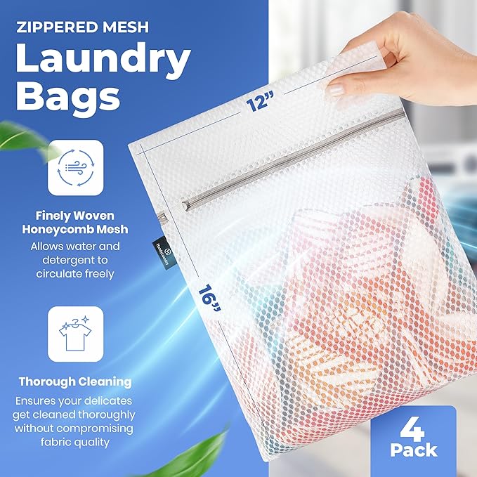 Handy Laundry Mesh Laundry Bag - 4 Pack Zippered Honeycomb Net for Delicates - Delicates Wash Bags for Lingerie, Socks & Underwear - 12x16 Durable Washing Machine Protector