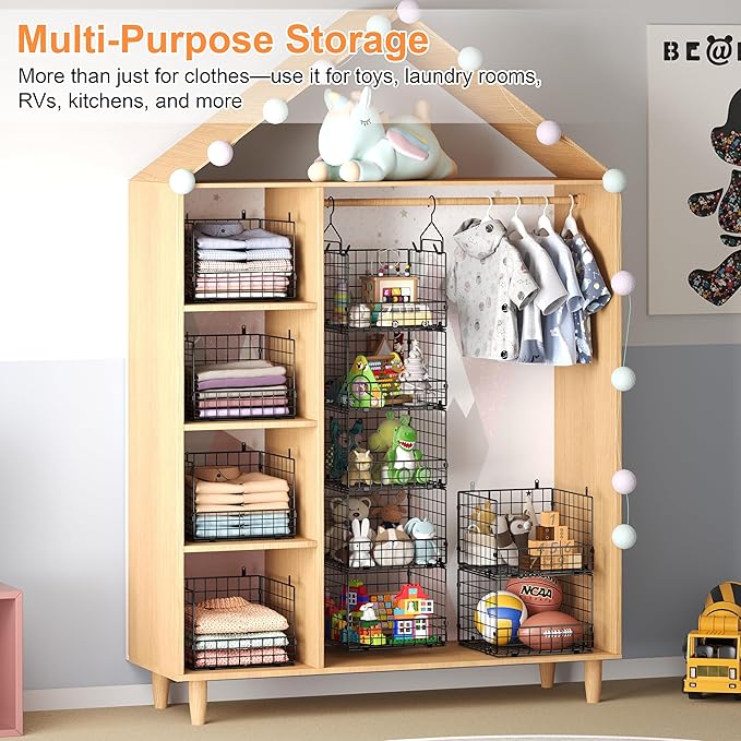 Sonyabecca 5-Tier Hanging Closet Organizer – Black Closet Storage Shelves with Wire Baskets for Clothes, Handbags, Sweaters & Accessories, Includes 2 Hanging Hooks & 5 S-Hooks