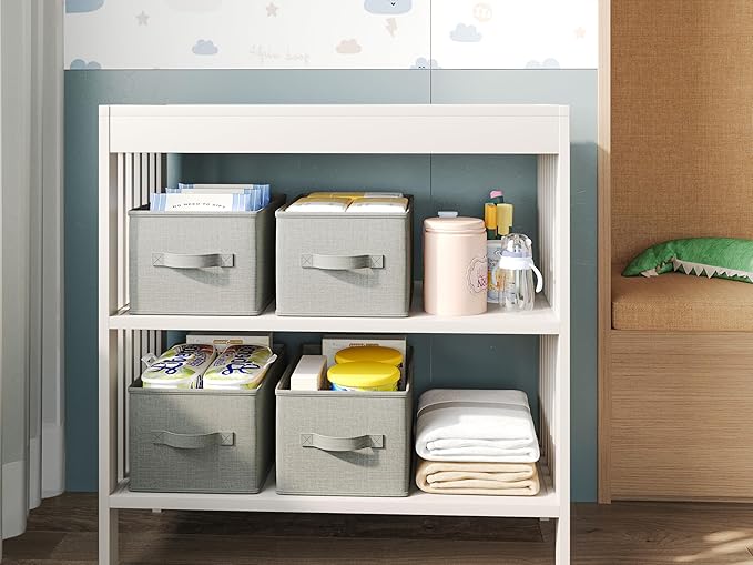 3 Pack Fabric Storage Bins for Shelves | 11.5x8.75x6.5in Closet Storage Baskets | Collapsible Storage Bins | Fabric Closet Organizers with Handles | Light Gray