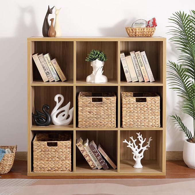 12x12x10 Water Hyacinth Storage Basket Large, Folding Cube Woven Wicker Storage Basket for Shelves, Pantry Baskets Organization and Storage, Large Rattan Basket Set of 4