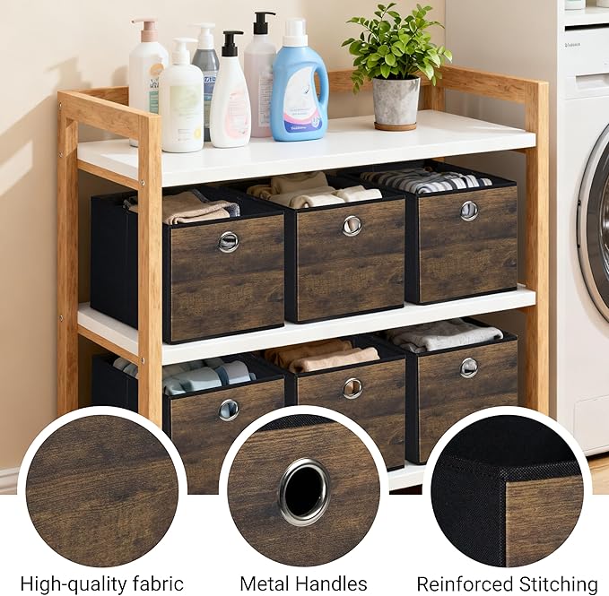 6-Pack Durable Storage Cube Bin with Decorative Wood Grain,Thickened Fabric Box,Storage Basket for Shelf,Closet,Storeroom,Bedroom,Living Room,Nursery,Office,Dorm,RV,13x13x13in,Brown with Black(Large)