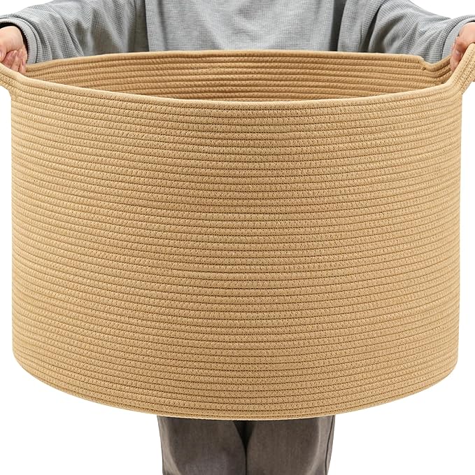 Foldable Laundry Hamper Basket with Collapsible Handle Cotton Rope Soft Woven Fabric Storage Organizer Clothes Toys Nursery Bedroom Dorm Space Saving Bin (Camel, 65L(19.7"D x 12.6"H))