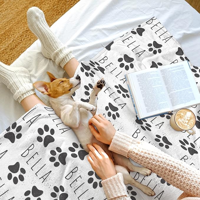 Personalized Dog Blanket, Custom Paw Print Dog Blanket with Pets Name, Stuff for Pets, Customized Puppy Blanket with Name, Pets Bereavement/Passing Away Gifts