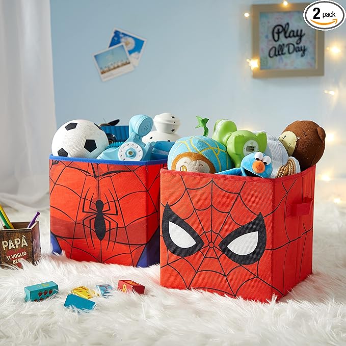Idea Nuova Marvel Spiderman Collapsible Storage Cubes, Set of 2, 10"x10",Spiderman/Red