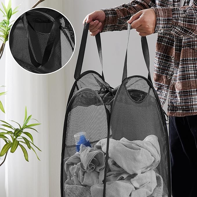 TECHMILLY Collapsible Mesh Pop Up Laundry Hamper with Sturdy Handles and Side Pocket - Portable Foldable Clothes Baskets for Dorm, Bathroom & Travel Storage (with Drawstring, Black, 3 Packs)