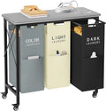 3 Section Laundry Sorter with Ironing Board, Laundry Hamper with Removable Bags, Heavy-Duty Rolling Laundry Cart with Lockable Wheels for Bathroom Bedroom