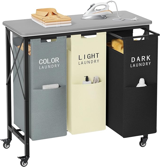 3 Section Laundry Sorter with Ironing Board, Laundry Hamper with Removable Bags, Heavy-Duty Rolling Laundry Cart with Lockable Wheels for Bathroom Bedroom
