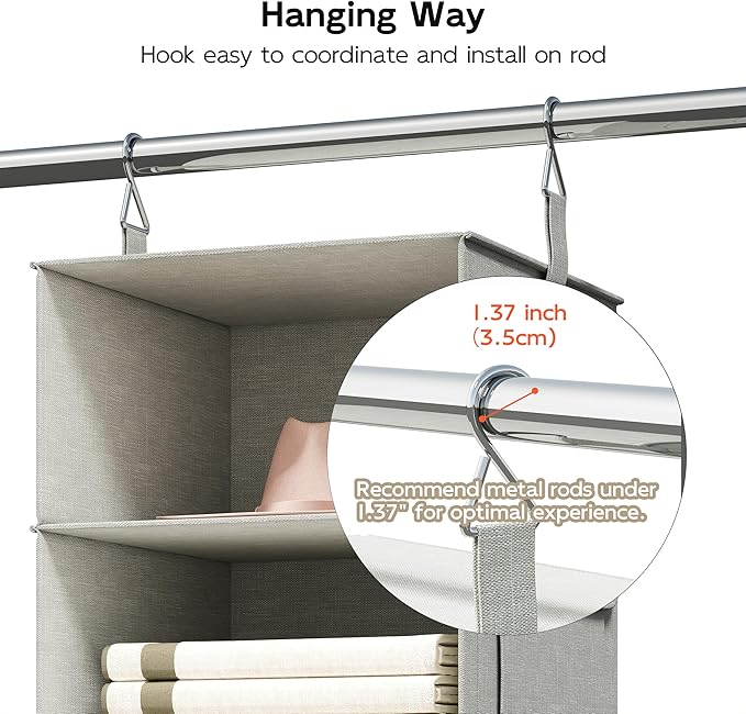 Vailando 3-Shelf Hanging Closet Organizer, Set of 2 Hanging Shelves with 2 Drawers for Wardrobe, Nursery, Baby Clothes Storage and Organization, Silver Gray