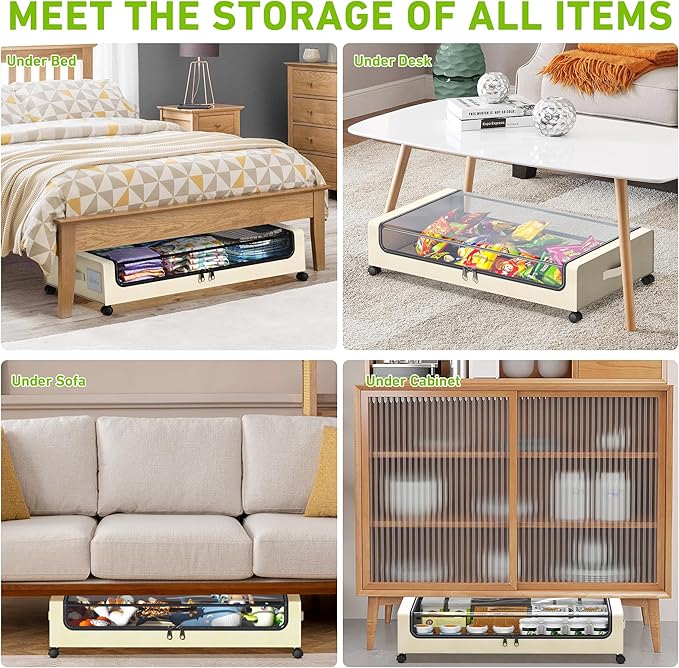 Under Bed Storage with Wheels, XXL 60L Under the Bed Storage Bins, Underbed Storage Containers with Lids & Label, Rolling Metal Drawer for Shoes, Clothes, Books, Toys (4-Pack Beige)