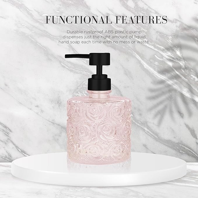 Marcella Glass Soap Dispenser with Soap Pump, Refillable 14 Ounce Capacity, Floral Design Rose Patterns, Heavy Weight Thick Glass for Bathroom, Premium Kitchen Soap Dispenser Peach Blush