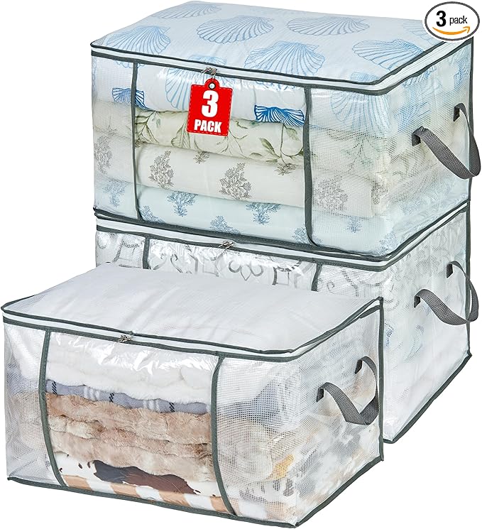80L Clear Large Storage Bag, Clothes Storage Containers for Organizing Closet, Bedroom, Underbed, Comforters, Clothing, Blankets, Pillow, Foldable Organizer with Sturdy Handle and Zippers (3)