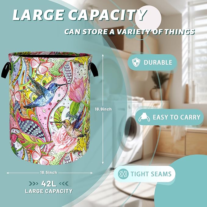 Boho Hummingbird Laundry Basket Pink Flowers Floral Laundry Hamper Foldable Oxford Cloth Birds Colorful Tote Bag Clothes Toy Storage Bucket For Bathroom/Laundry Storage/Bedroom 18.9 x 16.5 Inch