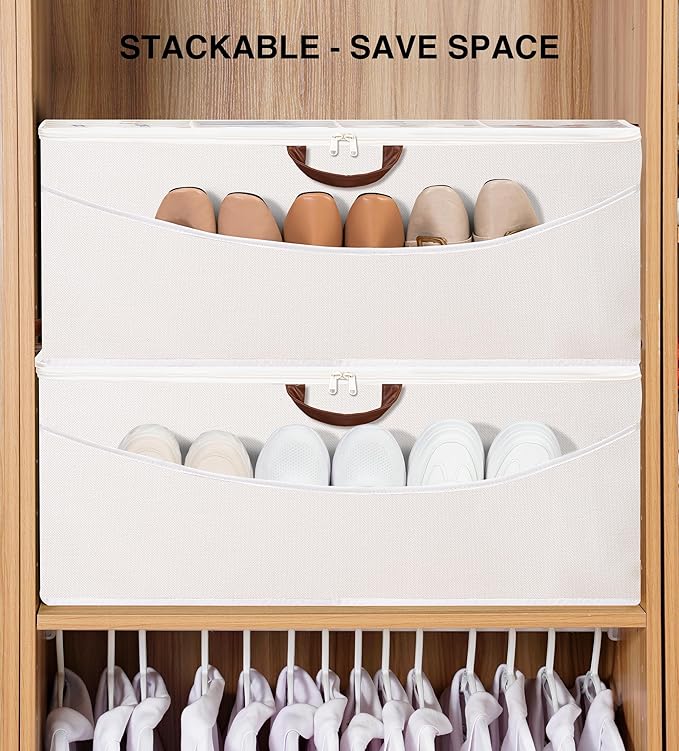 STO STO Shoe Organizer for Closet, Fits Up to 16 Pairs, XL Shoe Box Containers with Adjustable Dividers, Clear Cover Shoe Storage Bins, Stackable Space Saving Shoes Holder for Shoes and Boots, Beige