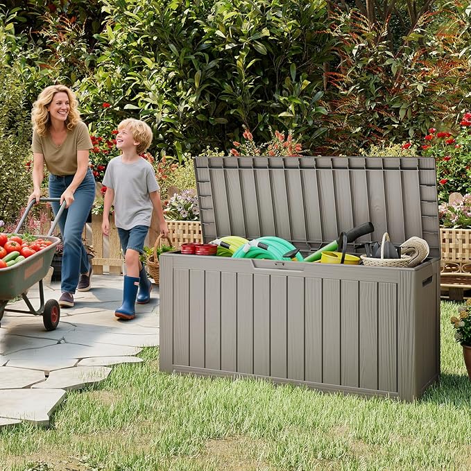 Outdoor Storage Box, 75 Gallon Waterproof Resin Deck Box, Storage Bin for Package Delivery, Patio Furniture Cushion, Garden Tools, Pool Accessories, Weatherproof and UV Resistant, Grey