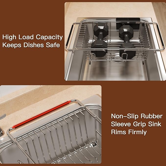 Over the Sink Expandable Dish Drainer Drying Rack In Stainless Steel for Small Kitchen, Counter Space Saving Modern Compact Metal Above Plate Dryer Strainer, Adjustable Hanging Inside Drain Holder