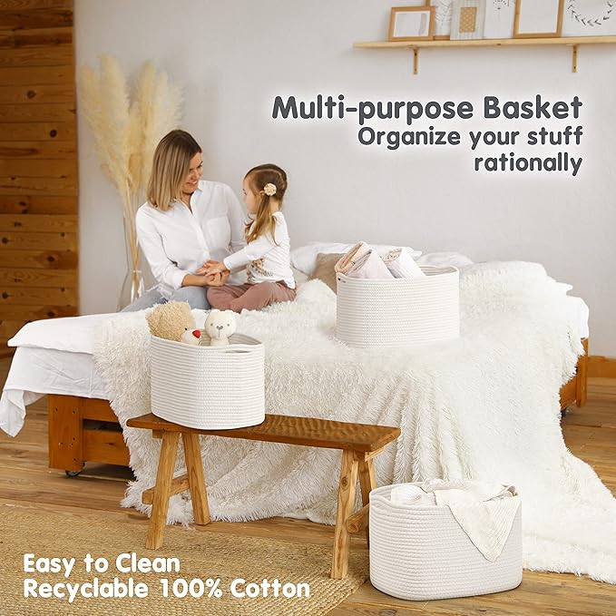 CHAT BLANC Cotton Rope Baskets for Organizing | Storage Baskets for Shelves | Rope Basket for Storage, Small Laundry Baskets, Woven Baskets for Storage, Dog Toy Bin, Baby Basket, Creamy White 3 Pack