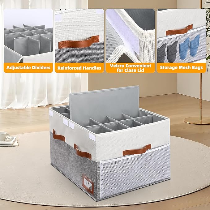 Shoe Organizer for Closet, Foldable Shoe Storage Bins with Lid & Adjustable Dividers, Fabric Shoe Box Storage Containers with Four Reinforced Handles, Fits 16 Pairs, 1 Pack, Grey