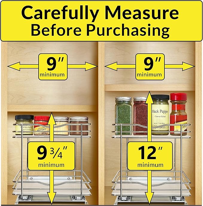 LYNK PROFESSIONAL® Pull Out Spice Rack Organizer for Inside Kitchen Cabinets - 8-3/8 inch Wide - Slide Out Drawer – Chrome Sliding Spice Organization for cabinet - Spice Racks - 2 Tier