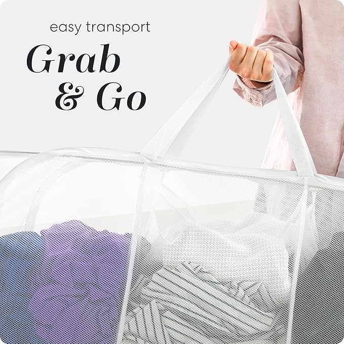 Foldable Laundry Basket - Popup and Collapsible, Durable Mesh Material, Folds for Storage, Easy Carry Handles - Great Hamper for College Dorm, Laundry Room or Travel (White, 3-Compartments)