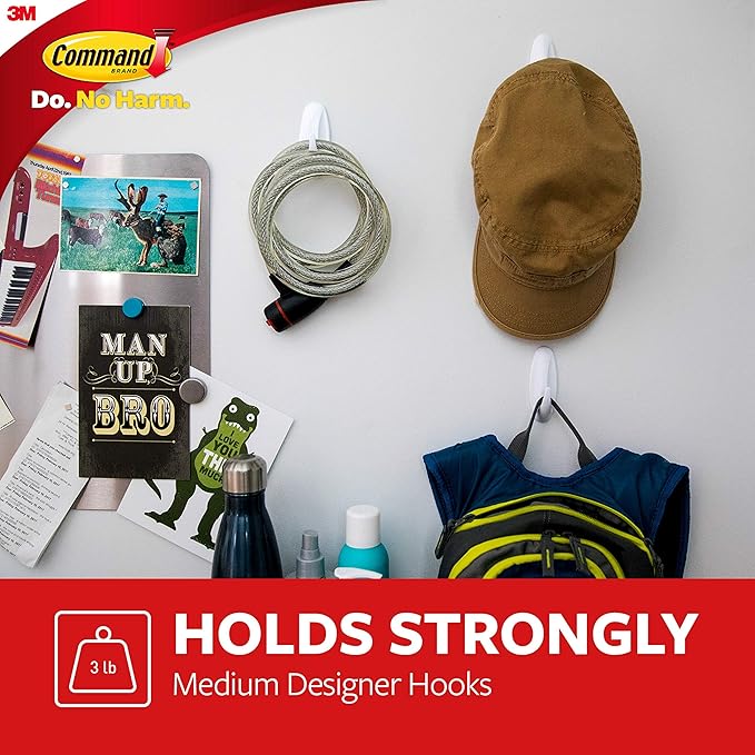 Command Medium Designer Hooks, 2 Hooks and 4 Strips, Damage-Free Hanging Wall Hook with Adhesive Strips, No Tools Great for Hanging, Organization and Storage, Holds up to 3 lb