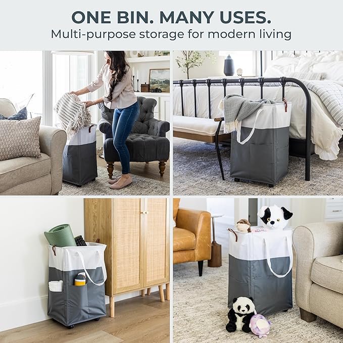 Laundry Basket with Wheels – Foldable, Space-Saving, Fabric Slim Laundry Hamper with Removable Bag and Side Pouches – Lightweight 75L Washing Basket for Clothes, Bedroom, Bathroom, Dorm