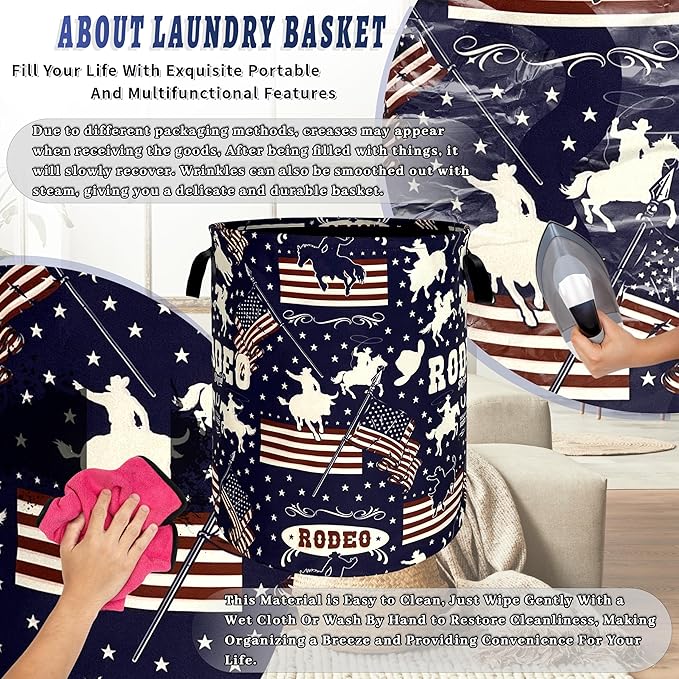 Western Cowboy Laundry Hamper Foldable Oxford Cloth American Flag Laundry Basket With Handle Portable Clothes Storage Organizer Basket 18.9"x16.5" Storage Bag For Laundry Room/Bathroom/Bedroom