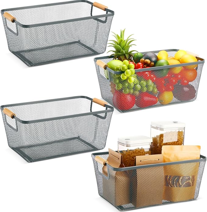 4 Pcs Metal Wire Basket with Wooden Handles Mesh Steel Storage Organizer Bin Containers for Home Organizing Cabinet Pantry Closet Kitchen Fridge Fruit Makeup Snacks Gifts(Large,Dark Gray)
