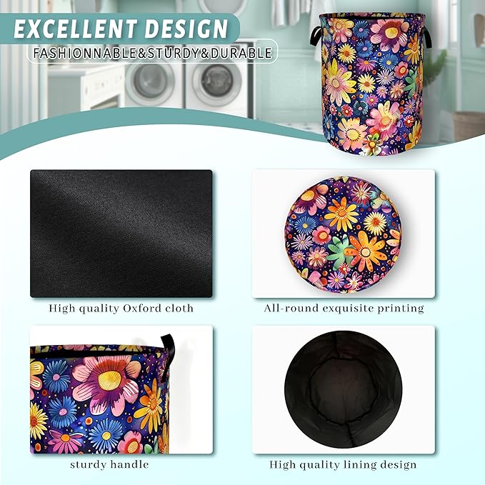 Abstract Hippie Flower Laundry Basket Watercolor Floral Laundry Hamper Foldable Oxford Cloth Colorful Tote Bag Clothes Toy Storage Bucket For Bathroom/Laundry Storage/Bedroom 18.9 x 16.5 Inch