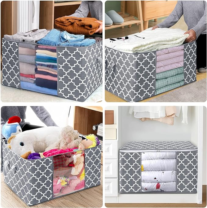WISELIFE Storage Bags 100L 3-Pack Large Blanket Clothes Organization and Storage Containers for Bedding, Comforters, Foldable Organizer with Reinforced Handle, Clear Window, Sturdy Zippers, Light Grey