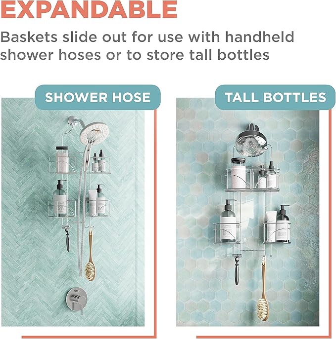 Zenna Home Shower Caddy Hanging Bathroom Organizer, Steel Shower Shelves with 4 Sliding Baskets and Built in Hooks, Accomodates Hose for Handheld Shower Head Storage System, Chrome