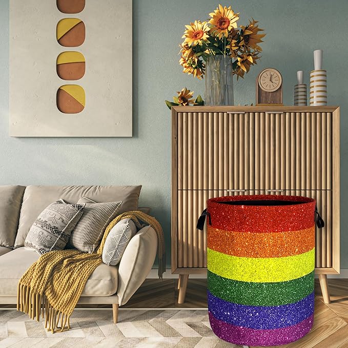 Shiny Rainbow Printed Laundry Basket Gay Funny Laundry Hamper Foldable Oxford Cloth Colorful Tote Bag Clothes Toy Storage Bucket 18.9" x 16.5" For Bathroom/Laundry Storage/Bedroom