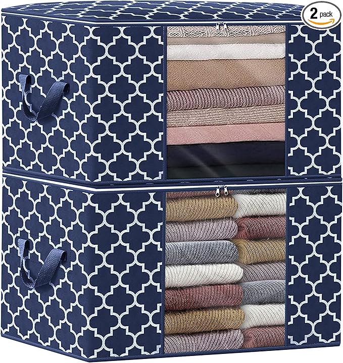 WISELIFE Storage Bags, Large Blanket Clothes Organization and Storage Containers for Bedding, Comforters, Foldable Organizer with Reinforced Handle, Clear Window,Sturdy Zippers,(Blue, 2 x 100L)