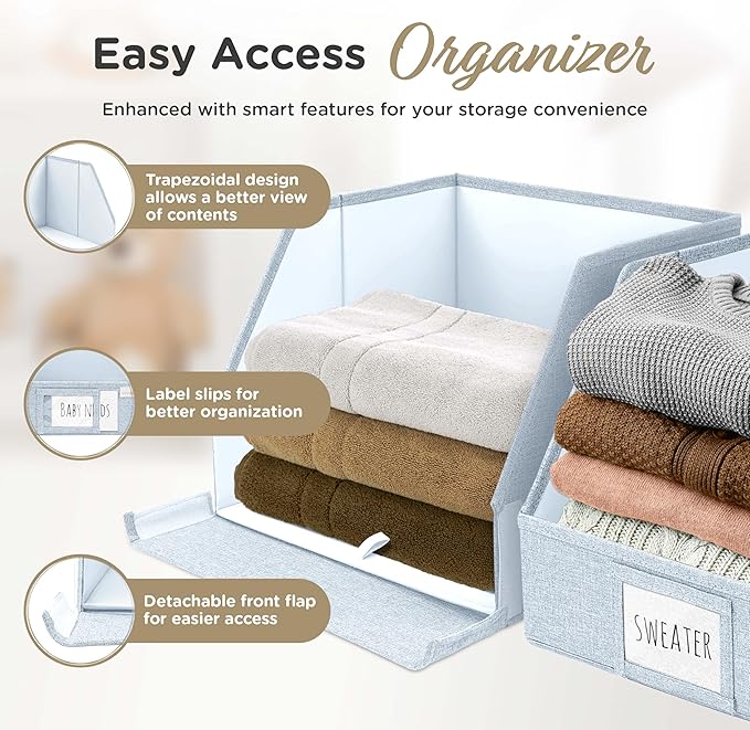 VIVIDECOR Trapezoid Storage Bins – 12"x12"x10"x 4" Closet Shelf Organizer & Baskets, Fabric Storage Baskets, Collapsible Organizer Boxes for Towels, Baby Clothes, Spring Wardrobes – Light Blue, 3 Pack