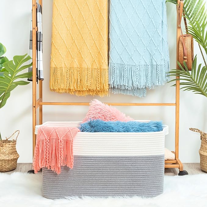 MINTWOOD Design 22in Extra Large Blanket Basket Holder Living Room, Rectangle Rope Woven Storage Basket with Handles for Laundry, Pool Towels, and Shoes, Dog Toy Organizer Bin Box, Gray
