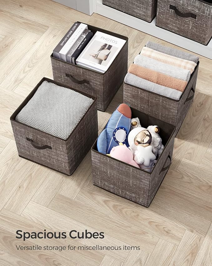 SONGMICS Storage Cubes, 13-Inch Non-Woven Fabric Bins with Double Handles, Set of 6, Closet Organizers for Shelves, Foldable, for Clothes, Walnut Color UROB033K02