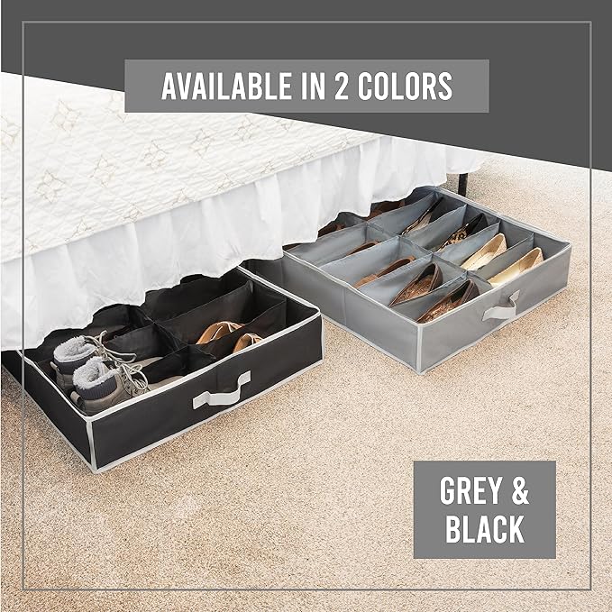 HOLDN' STORAGE Under Bed Shoe Organizer - Set of 2, Tear-Resistant 600D Material, Grey, Transparent Cover, Holds Up to 32 Pairs of Shoes